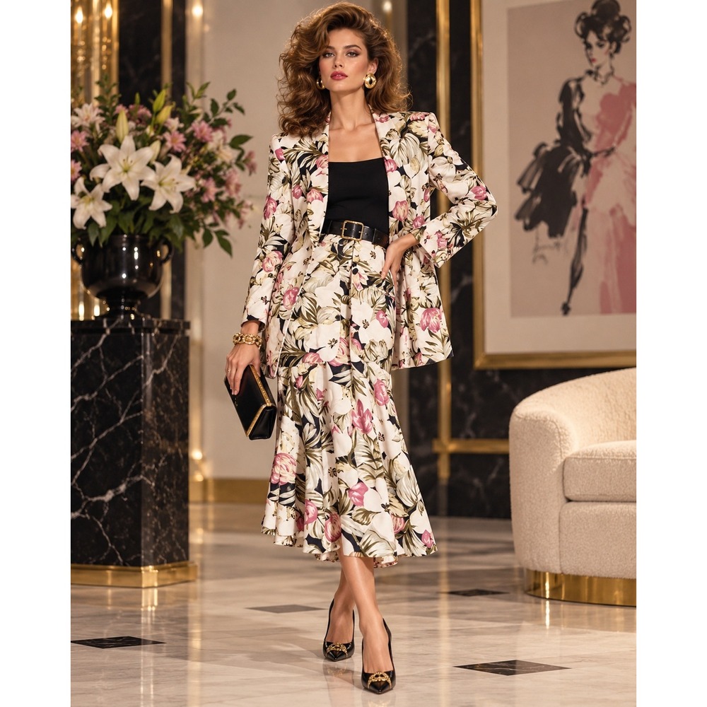 Vintage 80s Tropical Floral Skirt Suit Set Longline Blazer & Pleated Midi Skirt